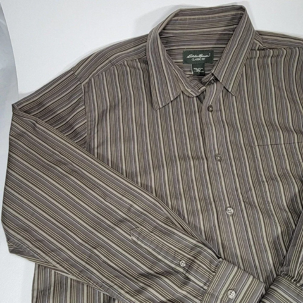 Eddie Bauer Classic Fit Button Up Shirt Mens L Gray Striped Long Sleeve Cotton - Picture 5 of 10